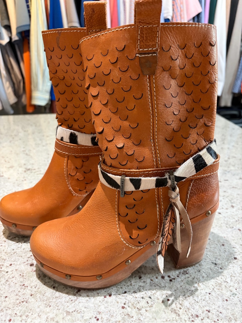 Cubanas Brown Leather Western Clog Heel Boots with Zebra Accent